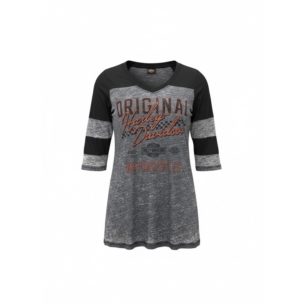 Harley-Davidson Womens Gray Black Graphic‎ Burnout V-Neck 3/4 Sleeve Top Size M